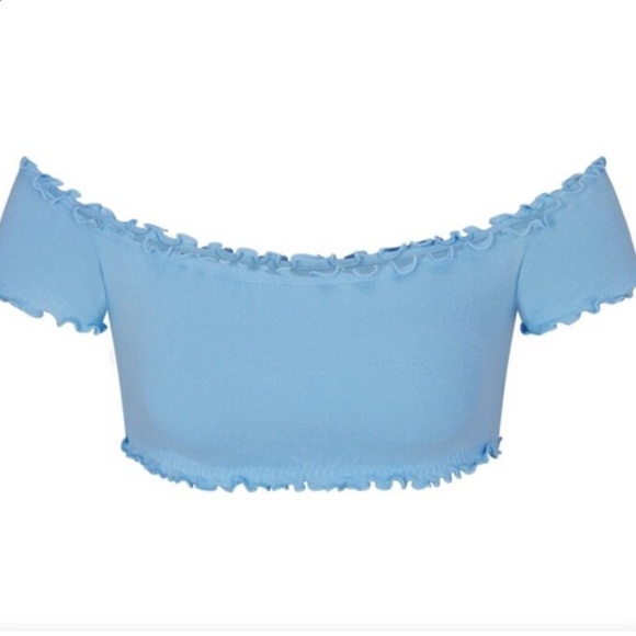 Skims Logo Pointelle Super Cropped Top Size Large Blue Off-Shoulder - Picture 2 of 2